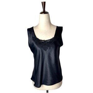 Escapades Tank Top Women Small Black Satin Lace Crochet Y2K 90s Cami Vintage‎